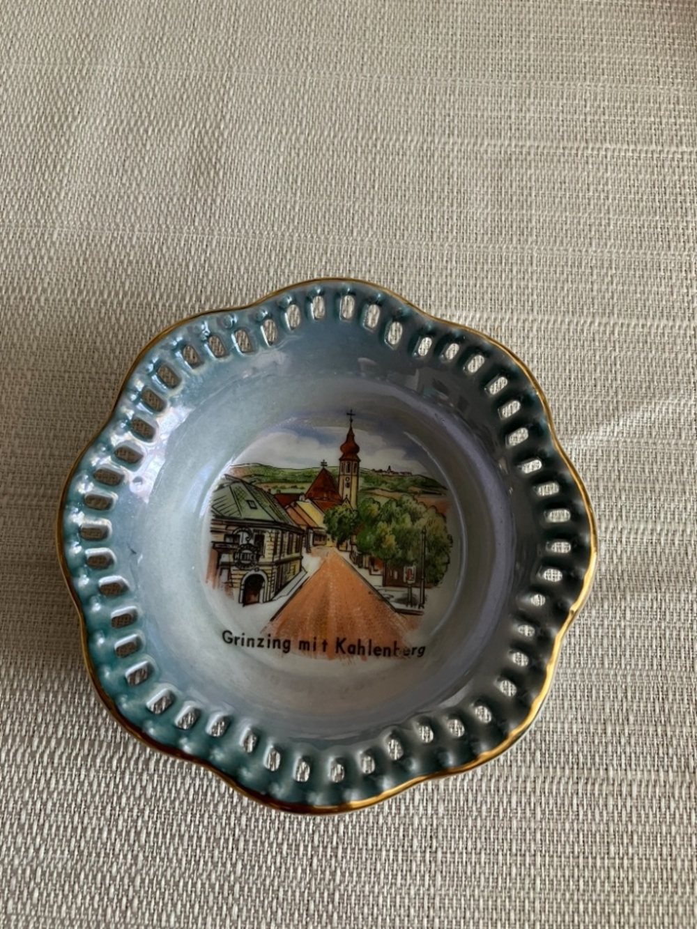 Decorative Grinzing Souvenir Dish in Teal with Gold Trim